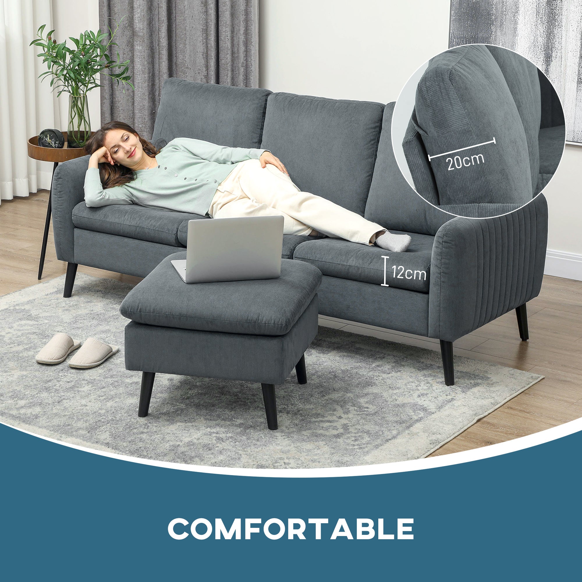 HOMCOM 3 Seater Sofa with Ottoman, 196cm Corduroy L-shaped Sofa Couch with Scatter Back, Reversible Chaise Lounge for Living Room, Home Office, Small Spaces, Charcoal Grey